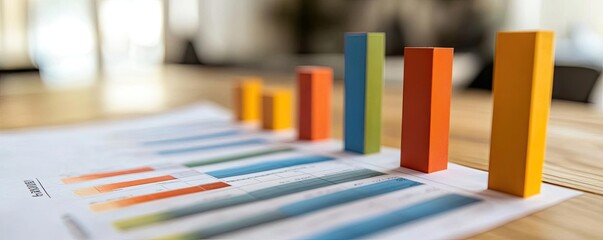 Poster - Colorful bar chart displayed on table, representing data analysis and financial growth in a modern office environment.