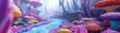 © Tin - A vibrant fantasy landscape featuring colorful mushrooms, a serene river, and an enchanting forest ambiance.