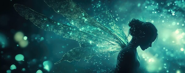Poster - Enchanting silhouette of a fairy with glowing wings, set against a mystical backdrop of shimmering lights and ethereal atmosphere.