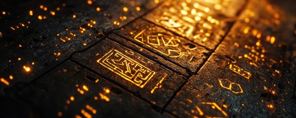 Poster - Ancient inscriptions glow on textured stone, revealing a mystical aura and a rich history of civilization across time.