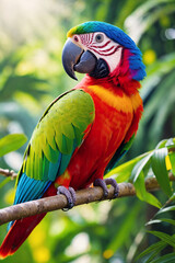 Colorful tropical ara parrot in jungle on a sunny day. Rainforest illustration with bright beautiful macaw among exotic plants with big leaves. Background with pristine nature landscape.