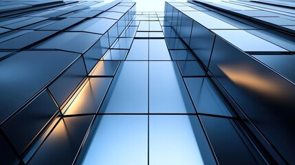 Poster - Stunning modern architecture showcasing a reflective glass facade captured from below, highlighting geometric design and clarity.