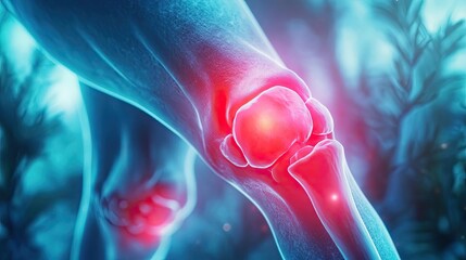 Poster - A close-up view of a glowing knee joint highlighting inflammation and pain in a vibrant, digital style.