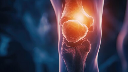 Poster - A detailed view of a human knee joint showcasing anatomy and highlighting the interaction of bones and cartilage.
