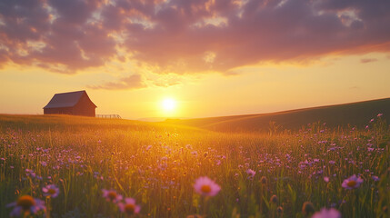 Wall Mural - Wildflower Field At Sunset With A Barn In The Distance Romantic Natural Landscape Captured During Golden Hour