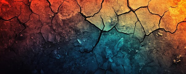 Poster - A vibrant textured surface with cracks, blending warm and cool colors, ideal for backgrounds or artistic projects.
