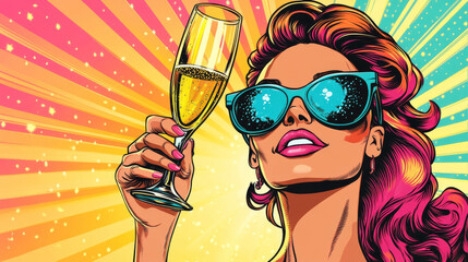 A woman raises a glass of champagne at a festive party, celebrating a birthday or New Year's Eve. The image has a retro pop art style.