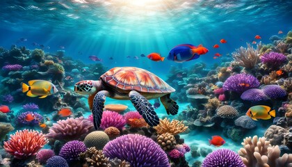 charming green sea turtle swimming in clear tropical waters showcasing vibrant marine life and coral reef species in a stunning underwater paradise