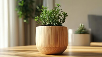 Leinwandbilder - A stylish wooden pot with vibrant green plant enhances modern interior decor, bringing freshness and life to any space.