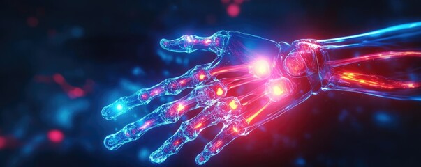 Poster - Futuristic digital hand with glowing lights, symbolizing technology and innovation in robotics and artificial intelligence.