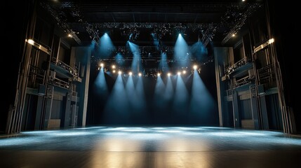 Poster - An empty theater stage, lit by bright spotlights that sharply define the performance area, with a dark background adding depth and drama to the scene.
