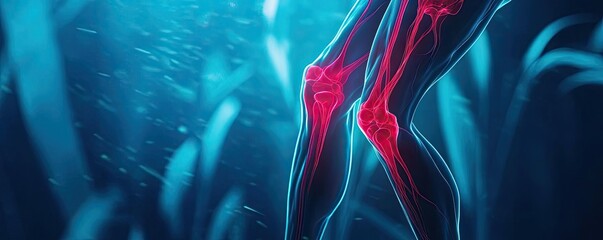 Aufkleber - An artistic representation of a knee joint, showcasing vibrant anatomy in a futuristic style with dynamic blue and red colors.