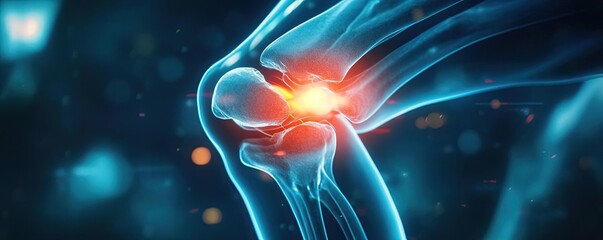 Poster - Close-up of a knee joint displaying digital inflammation in a futuristic design, symbolizing pain and medical research.