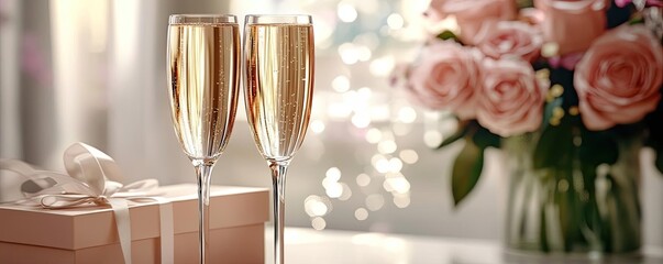 A romantic setting featuring two champagne glasses, a gift box, and a bouquet of pink roses, perfect for celebrations.