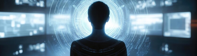 Poster - A silhouette of a person against a backdrop of digital screens, representing technology and innovation in the modern age.