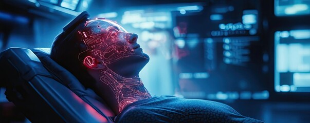 Poster - A futuristic scene showcasing a human-like figure with cybernetic enhancements, immersed in technology and glowing interfaces.