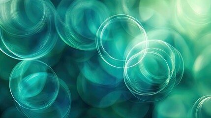 Poster - Blue-green abstract bokeh background, soft, overlapping circular shapes with smooth gradients from light to dark, created using a macro lens for a dreamy look. Space for copy.