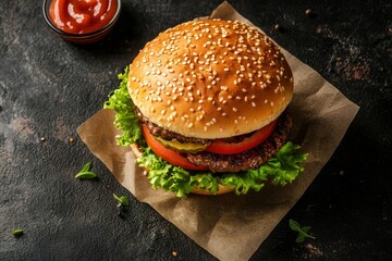 Big tasty burger on a dark background. Fast food, street food, American food - generative ai