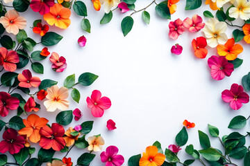 A white background with a bunch of colorful flowers and leaves