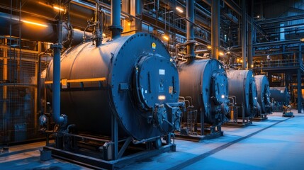 Poster - Industrial facility with large boilers in a dimly lit environment.
