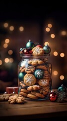 Wall Mural - Glass jar filled with various cookies and decorated with christmas ornaments soft lighting