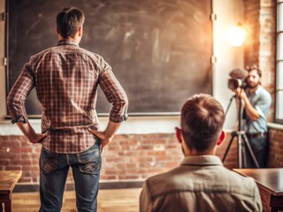 A man stands with his back to an empty blackboard, and a photographer is behind him