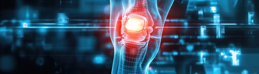 Poster - Digital illustration of a knee joint highlighting an injury with glowing effects. Perfect for healthcare and medical technology themes.