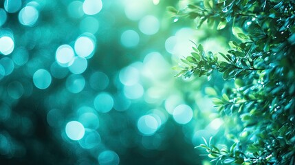 Poster - Cool-toned blue-green background with bokeh circles softly merging, macro photography creates soft edges and light-dappled areas, with space for text placement.