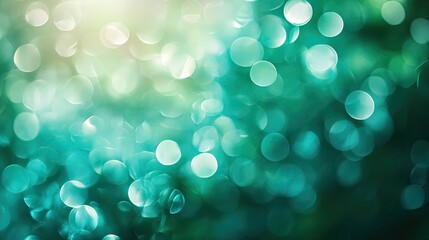 Poster - Cool-toned blue-green background with bokeh circles softly merging, macro photography creates soft edges and light-dappled areas, with space for text placement.
