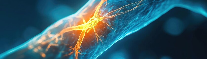 Poster - Stunning close-up of a neuron with glowing synapses in vibrant colors, showcasing the complexity of neural connections.