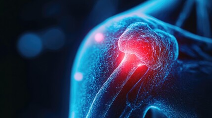 Poster - A detailed depiction of a glowing shoulder joint, highlighting inflammation and pain with a luminous effect on the joint area.