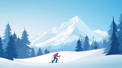 Wall Mural - skier on a ski slope, skiing on ski resort, minimalist flat illustration, vector art poster, ski poster, Ultra-high resolution