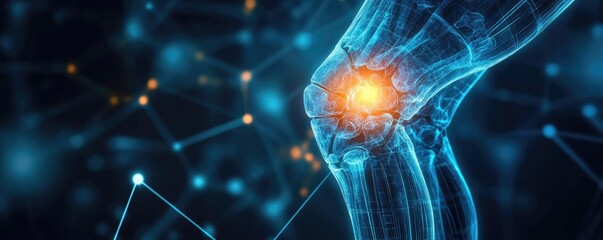 Poster - An illuminated representation of a knee joint highlighting inflammation and pain, showcasing advanced medical technology.