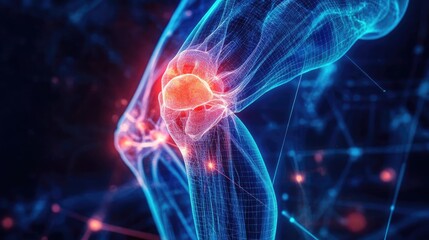Poster - Detailed digital illustration of a human knee joint, showcasing anatomy with vibrant colors and neural connections.