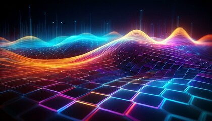 Poster - Cyber big data flow. Blockchain data fields. Network line connects to stream.  Concept of AI technology, digital communication, science research, 3D neural cells