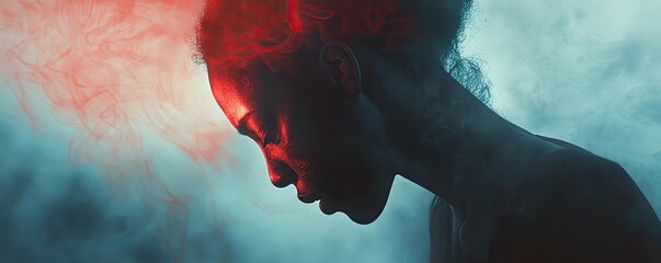 Poster - Silhouette of a woman in vibrant smoke, conveying emotion and depth. A stunning interplay of light and shadow. Perfect for artistic projects.