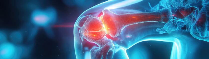 Poster - An illustration of a glowing knee joint with a focus on inflammation, showcasing advanced medical visualization techniques.