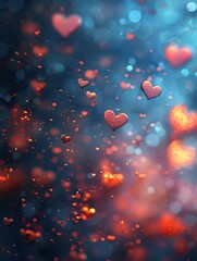 Abstract background with red hearts floating on a blue and orange bokeh background.  Romantic, love, and abstract concept.