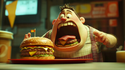 Wall Mural - The man is really hungry and wants to eat a burger.