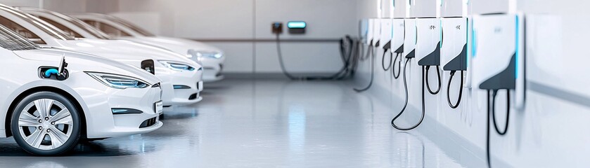 Poster - A logistics fleet of electric vehicles parked at charging stations, with industrial buildings and transportation equipment visible in the background. Ample copy space for branding.