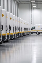 Poster - A fast charging station at a logistics hub with electric fleet vehicles parked and charging, showcasing clean energy transportation, with available copy space.