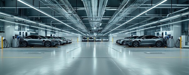 Poster - industrial logistics center featuring a fast charging station with multiple electric vehicles connec