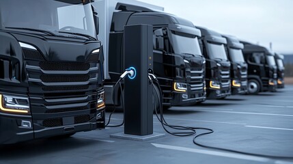 Poster - Fleet of electric cars charging at fast chargers in the logistics hub parking area, with trucks visible in the background. The layout provides copy space for text or design.
