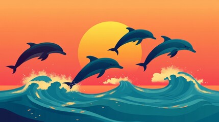 Wall Mural - four dolphins jumping over ocean waves with a setting sun in the background.