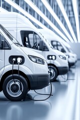 Poster - A logistics center featuring a row of electric company cars plugged into fast chargers, with space for text or branding.