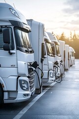 Poster - A logistics center featuring a row of electric company cars plugged into fast chargers, with space for text or branding.