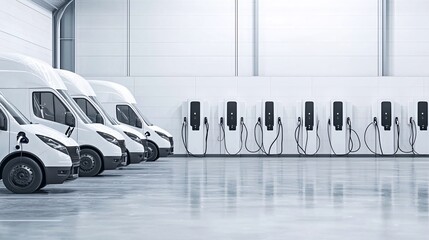 Poster - company fleet of electric vehicles charging at fast chargers in a logistics center parking area, wit