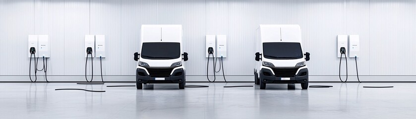 Poster - Electric company fleet vehicles connected to charging stations at a logistics hub, with surrounding industrial equipment and warehouses. The layout includes copy space for text.