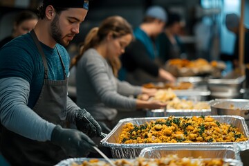 Volunteers Serving Thanksgiving Meals to the Community in a Contemporary Dining Hall