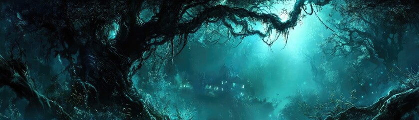 Poster - Mysterious forest scene with ethereal light filtering through dense foliage, creating a magical atmosphere.
